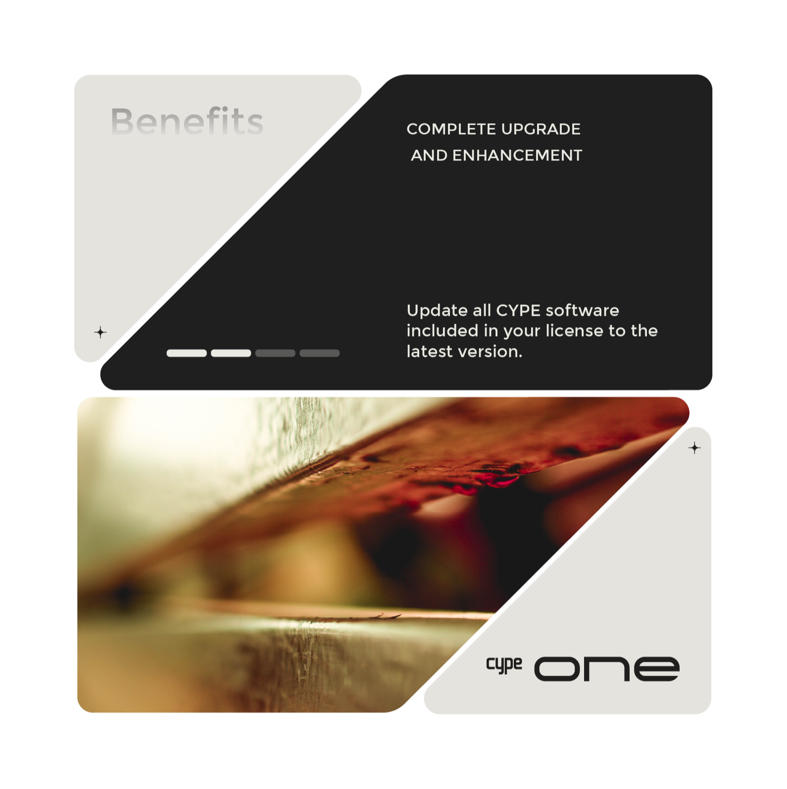 Benefits: COMPLETE UPGRADE AND ENHANCEMENT. Update all CYPE software included in your license to the latest version