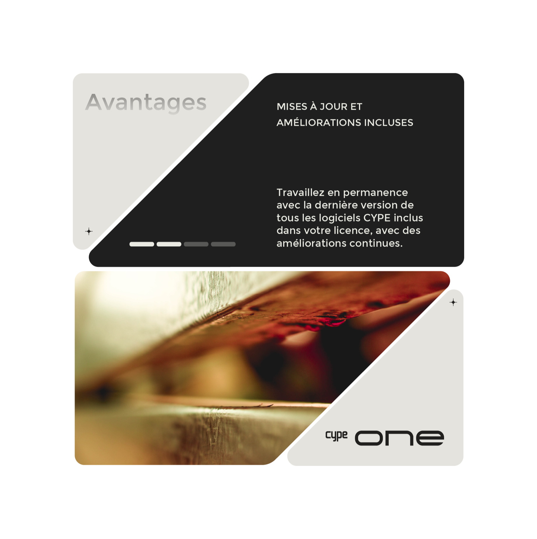 Avantages: Mises à jour et améliorations incluses. Travaillez en permanence avec la dernière version de tous les logiciels CYPE inclus dans votre licence, avec des améliorations continues.