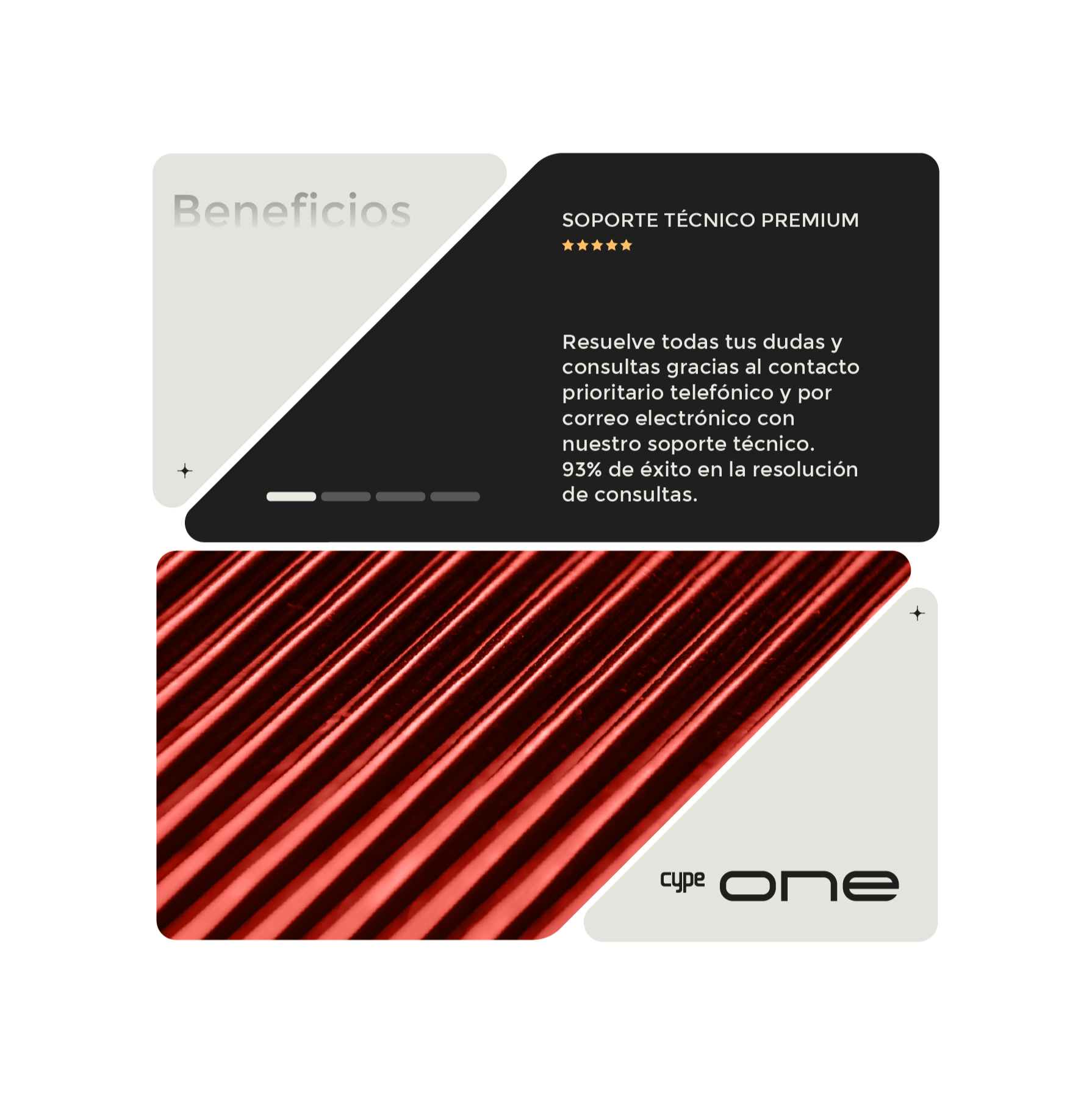 Beneficios: SOPORTE TÉCNICO PREMIUM. Resuelve todas tus dudas y consultas gracias al contacto prioritario telefónico y por correo electrónico con nuestro soporte técnico. 93% de éxito en la resolución de consultas.