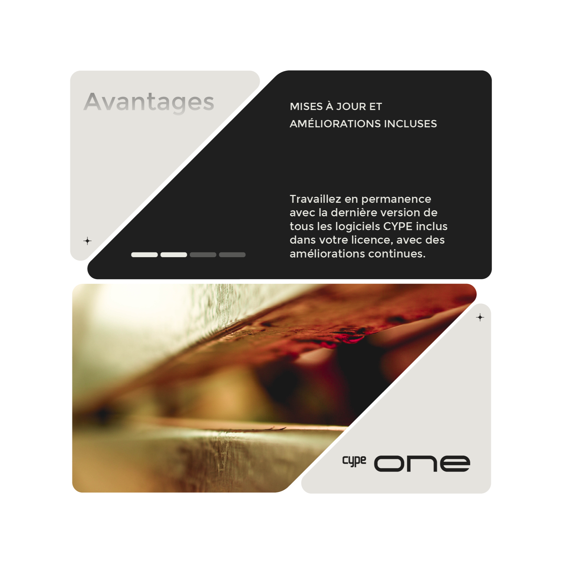 Avantages: Mises à jour et améliorations incluses. Travaillez en permanence avec la dernière version de tous les logiciels CYPE inclus dans votre licence, avec des améliorations continues.